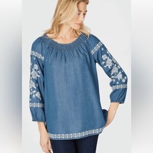 NWOT J. Jill Chambray Blouse Blue Tencel Embroidered Bohemian Boho Women’s Med P